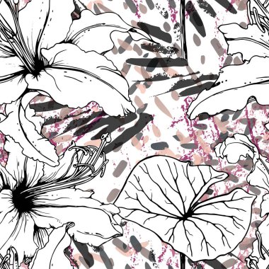 Çiçekli Siyah Beyaz Şablon. Modern Suluboya