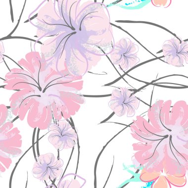 Pembe Çiçekler Çiçek Şablonu. Pastel Suluboya.