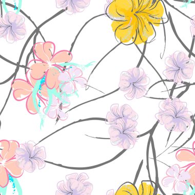 Pembe Çiçekler Çiçek Şablonu. Pastel Suluboya.