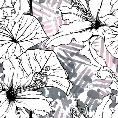 Çiçekli Siyah Beyaz Şablon. Modern Suluboya
