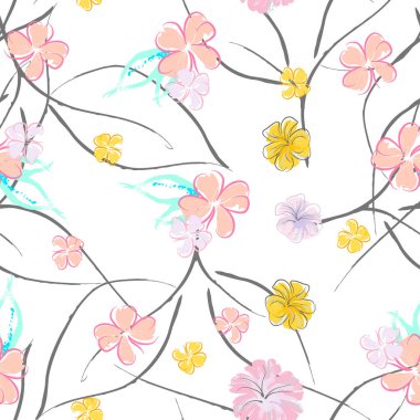 Pembe Çiçekler Çiçek Şablonu. Pastel Suluboya.