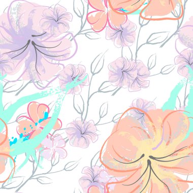 Pembe Çiçekler Çiçek Şablonu. Pastel Suluboya.