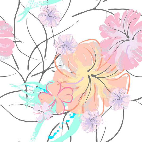 Pink Flowers Blooming Pattern. Pastel Watercolor.