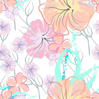 Pembe Çiçekler Çiçek Şablonu. Pastel Suluboya.