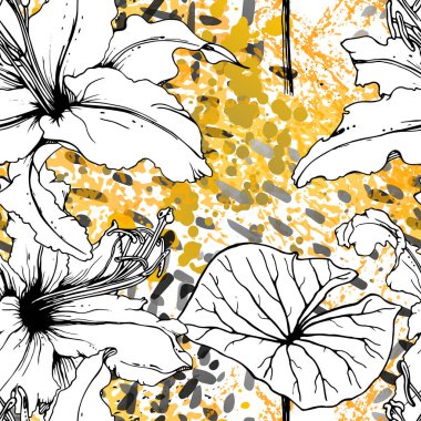 Çiçekli Siyah Beyaz Şablon. Modern Suluboya