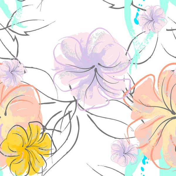 Pink Flowers Blooming Pattern Pastel Watercolor. — стоковий вектор