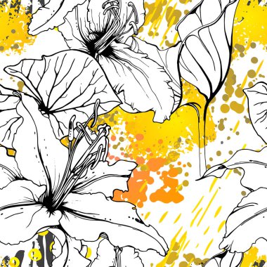 Çiçekli Siyah Beyaz Şablon. Modern Suluboya