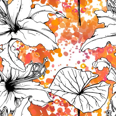 Çiçekli Siyah Beyaz Şablon. Modern Suluboya