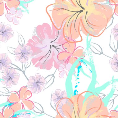 Pembe Çiçekler Çiçek Şablonu. Pastel Suluboya.