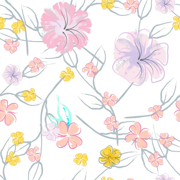 Pink Flowers Blooming Pattern Pastel Watercolor. — стоковий вектор
