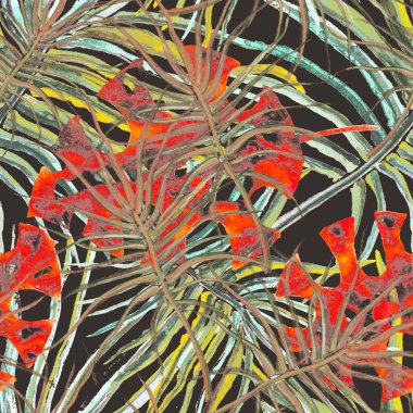 Tropik Yaprak. Kırmızı Modern Motif. Orman Yazdırma.