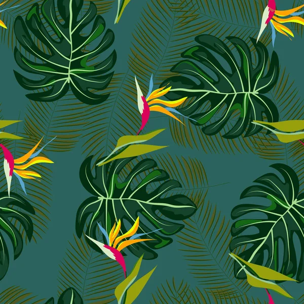 Liście tropikalne i wzór kwiatów. Hawajski bezszwowy wzór z roślinami tropikalnymi. — Wektor stockowy