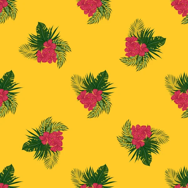 Feuilles tropicales et motif de fleurs. Modèle hawaïen sans couture avec des plantes tropicales. — Image vectorielle