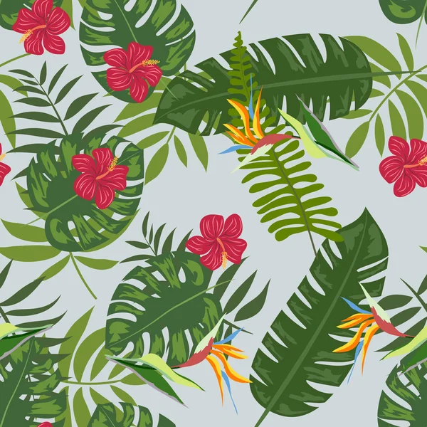 Tropische bladeren en bloemen patroon. Hawaiiaanse naadloze patroon met tropische planten. — Stockvector