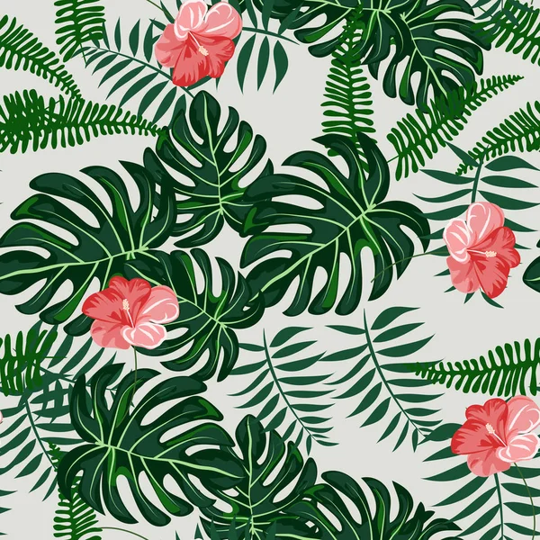 Patrón de hojas y flores tropicales. Patrón hawaiano sin costuras con plantas tropicales. — Archivo Imágenes Vectoriales