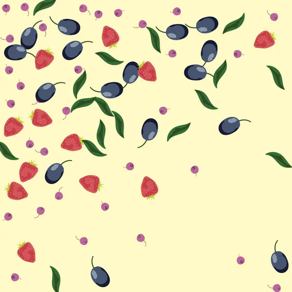 Berry background with blueberries, strawberries and plums on a light background. — Stock Vector