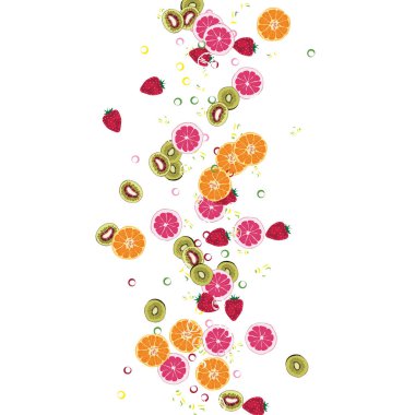 Mavi arka planda turuncu, greyfurt, çilek ve kivi ile parlak meyveli arka plan.