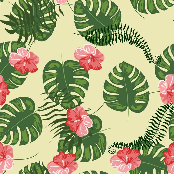 Feuilles tropicales et motif de fleurs. Modèle hawaïen sans couture avec des plantes tropicales. — Image vectorielle