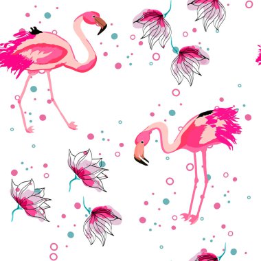 Pembe Flamingo tropikal çiçek Dikişsiz desen. Egzotik kuşlar ile Hibiscus çiçekler. Flamingo ve tropikal bitkiler ile Hawaii arka plan.