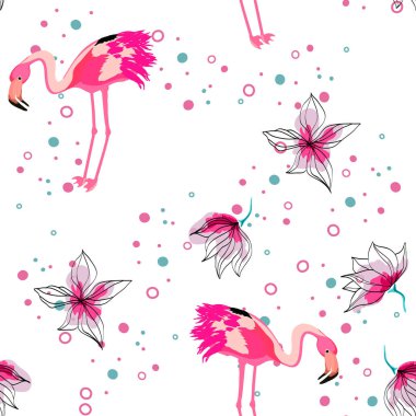 Pembe Flamingo tropikal çiçek Dikişsiz desen. Egzotik kuşlar ile Hibiscus çiçekler. Flamingo ve tropikal bitkiler ile Hawaii arka plan.