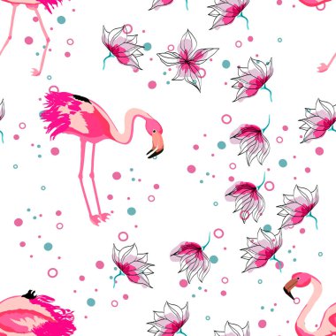 Pembe Flamingo tropikal çiçek Dikişsiz desen. Egzotik kuşlar ile Hibiscus çiçekler. Flamingo ve tropikal bitkiler ile Hawaii arka plan.