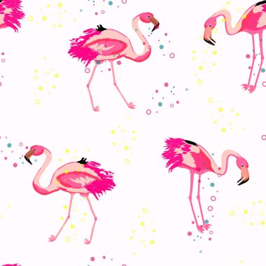 Flamingo ve renkli konfeti beyaz bir arka plan tropikal Dikişsiz desen. Pembe Flamingo ve yuvarlak renkli uçan konfeti sonsuz desen ile Brezilya kutlama.
