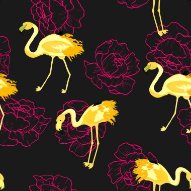 Pembe Flamingo tropikal çiçek Dikişsiz desen. Egzotik kuşlar ile Hibiscus çiçekler. Flamingo ve tropikal bitkiler ile Hawaii arka plan.