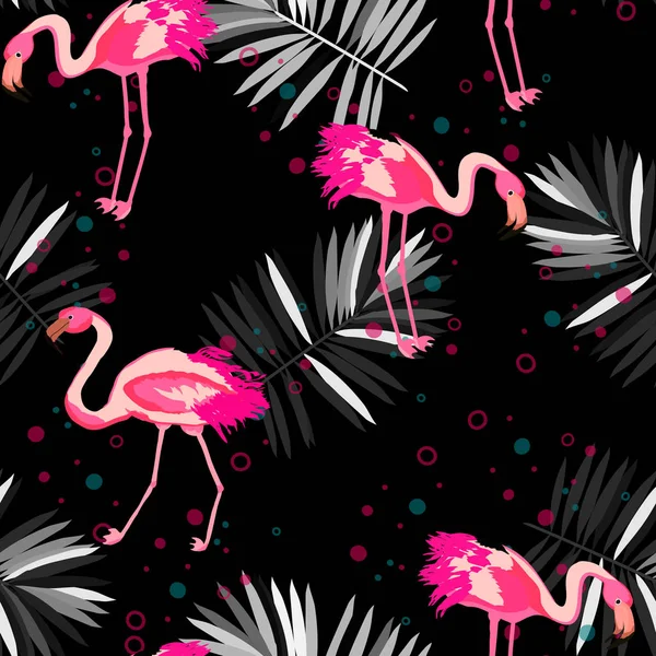 Pink flamingo with tropical leaves floral seamless pattern. Palm tree leaves with exotic birds. Flamingo floral background textile design. — Stock Vector