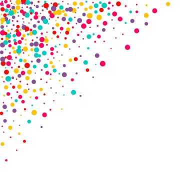 Çok renkli konfetiyle şenlikli bir arka plan. Sarı, pembe, mavi daireler ama beyaz arka plana karşı. Uçan konfeti.
