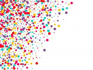 Çok renkli konfetiyle şenlikli bir arka plan. Sarı, pembe, mavi daireler ama beyaz arka plana karşı. Uçan konfeti.