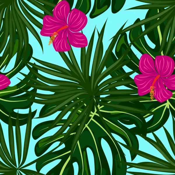 Patrón tropical con flores y hojas de hibisco. Patrón exótico sin costuras con hojas tropicales. Antecedentes étnicos con flores y plantas hawaianas . — Vector de stock