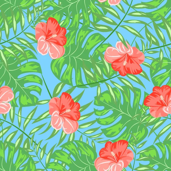 Padrão tropical com flores e folhas de hibisco. Padrão sem costura exótico com folhas tropicais. Fundo étnico com flores e plantas havaianas . — Vetor de Stock