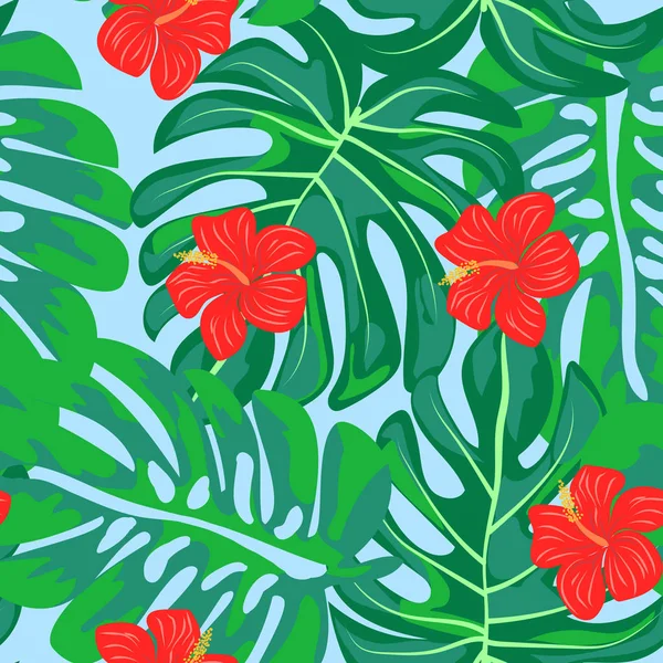 Tropisches Muster mit Hibiskusblüten und -blättern. exotische nahtlose Muster mit tropischen Blättern. Ethnischer Hintergrund mit hawaiianischen Blumen und Pflanzen. — Stockvektor