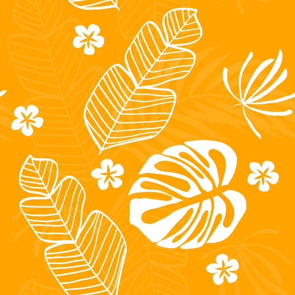 Modello tropicale con foglie bianche di monstera, banane e palme su sfondo giallo. Modello esotico senza soluzione di continuità . — Vettoriale Stock