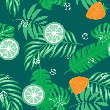 Yeşil bir arka planda çilek ve portakal ile meyve ve narenciye Dikişsiz desen. Meyve ve yaprakları ile tropikal arka plan.