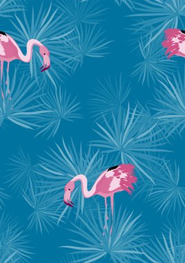 Pembe flamingolu desen. Flamingo ve tropikal yapraklı çiçek desenli.
