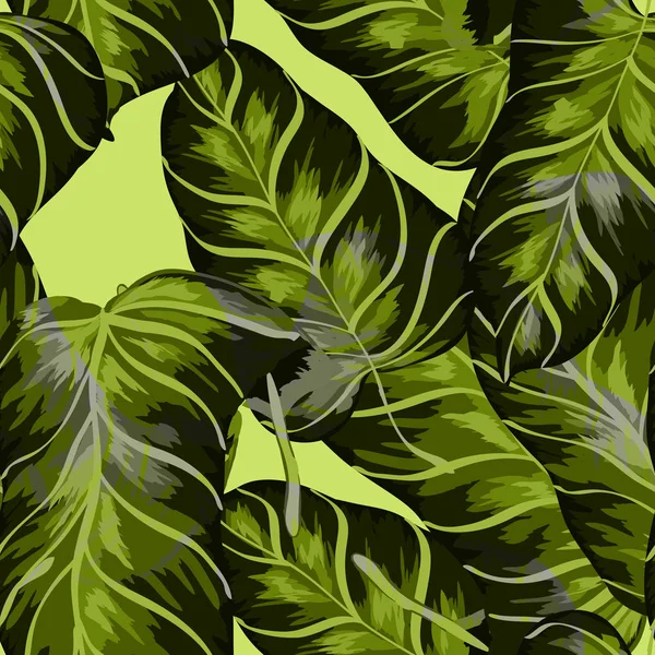 Hojas exóticas sobre un fondo verde. Patrón tropical con hojas de plátano . — Vector de stock
