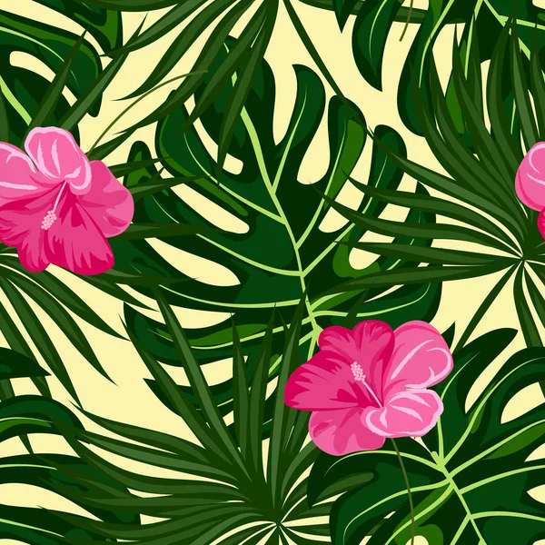 Patrón tropical con flores y hojas de hibisco. Patrón exótico sin costuras con hojas tropicales. Antecedentes étnicos con flores y plantas hawaianas . — Vector de stock