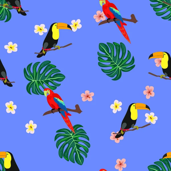 Egzotik kuşlar ile tropikal Dikişsiz desen. Flamingo, papağan, Toucan ve tropikal yaprakları ile arka plan. — Stok Vektör