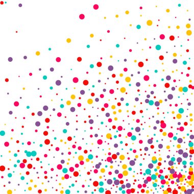 Çok renkli konfetiyle şenlikli bir arka plan. Sarı, pembe, mavi daireler ama beyaz arka plana karşı. Uçan konfeti.