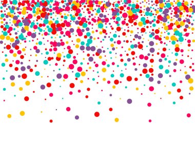 Çok renkli konfetiyle şenlikli bir arka plan. Sarı, pembe, mavi daireler ama beyaz arka plana karşı. Uçan konfeti.