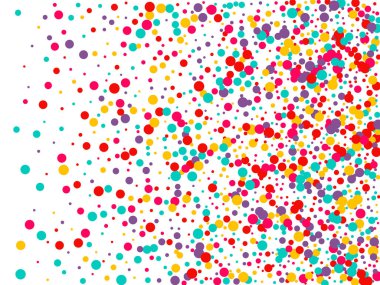 Çok renkli konfetiyle şenlikli bir arka plan. Sarı, pembe, mavi daireler ama beyaz arka plana karşı. Uçan konfeti.