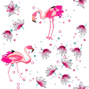 Pembe Flamingo tropikal çiçek Dikişsiz desen. Egzotik kuşlar ile Hibiscus çiçekler. Flamingo ve tropikal bitkiler ile Hawaii arka plan.