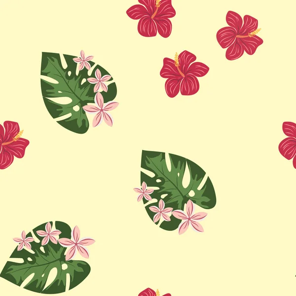 Feuilles tropicales et motif de fleurs. Modèle hawaïen sans couture avec des plantes tropicales. — Image vectorielle