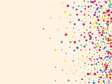 Çok renkli konfetiyle şenlikli bir arka plan. Sarı, pembe, mavi daireler ama beyaz arka plana karşı. Uçan konfeti.
