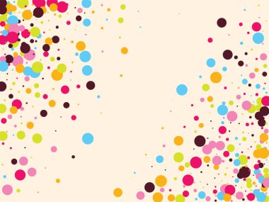 Çok renkli konfetiyle şenlikli bir arka plan. Sarı, pembe, mavi daireler ama beyaz arka plana karşı. Uçan konfeti.