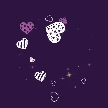 Mor bir arka planda kalpler ve Glitter ile tebrik kartı. Kalpleri romantik konfeti.