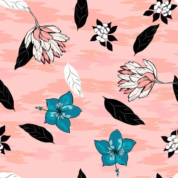 Flores de hibisco y hojas tropicales vector patrón sin costuras sobre un fondo rosa. Hojas de palma blanca y negra. Flores de hibisco turquesa. Patrón floral exótico textil . — Vector de stock