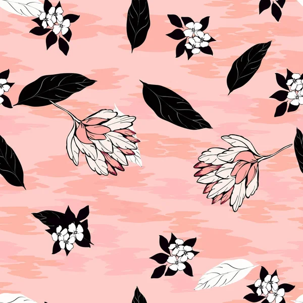 Flores de hibisco y hojas tropicales vector patrón sin costuras sobre un fondo rosa. Hojas de palma blanca y negra. Flores de hibisco turquesa. Patrón floral exótico textil . — Vector de stock