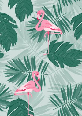 Pembe flamingolu desen. Flamingo ve tropikal yapraklı çiçek desenli.